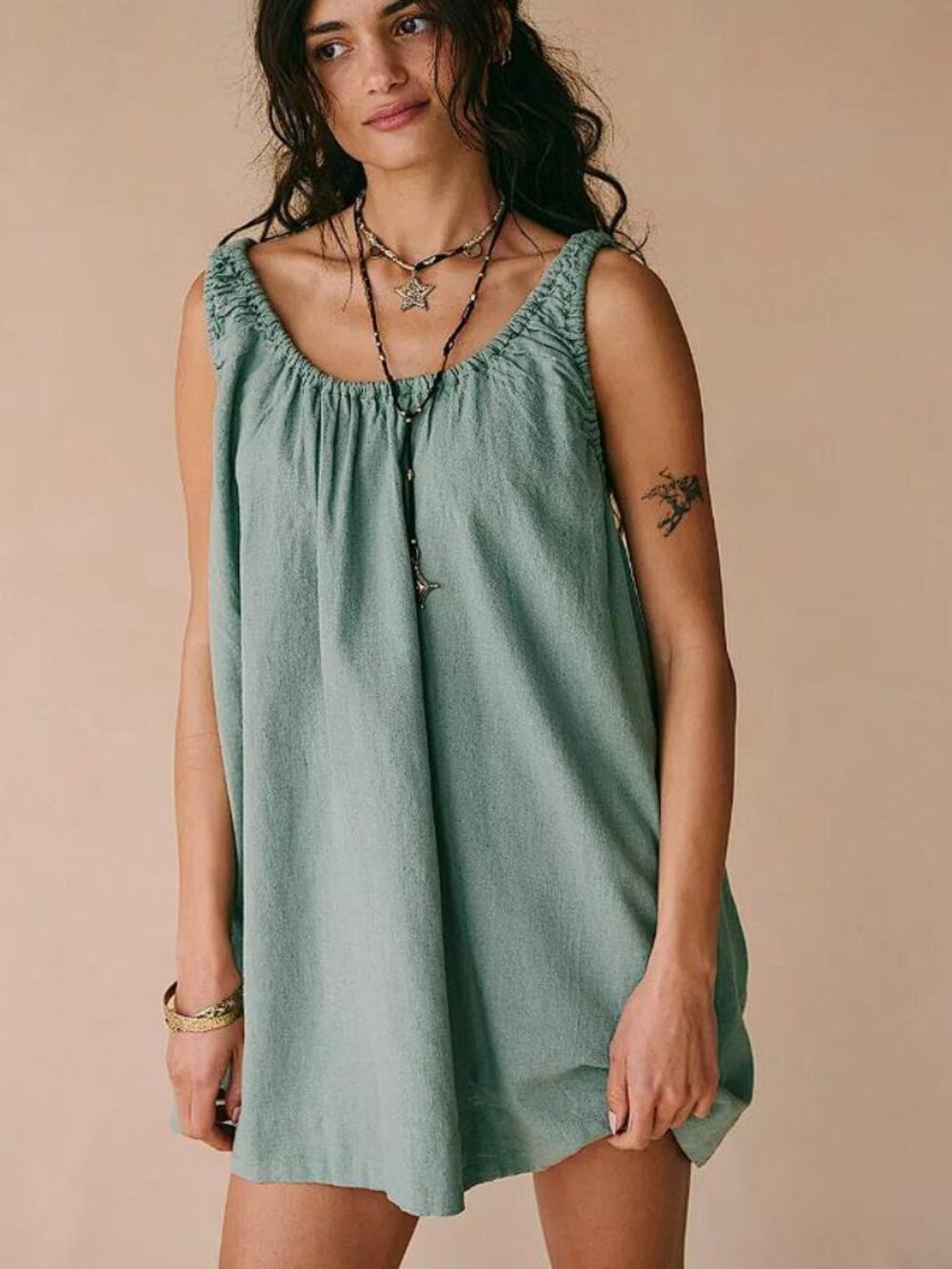 FREE PEOPLE Women's Free-est Amanda Cotton-Linen Mini Dress Size M In Lily Pad